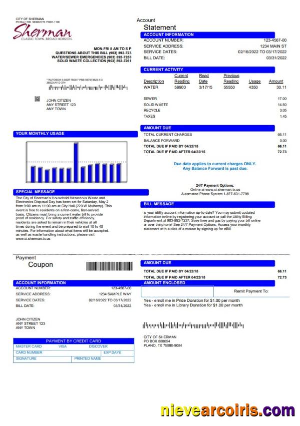 USA City of Sherman utility bill